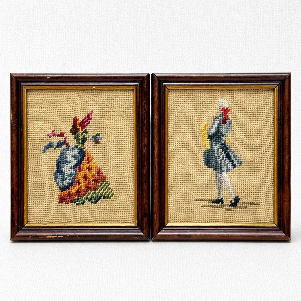 Vintage Framed Needlepoint Art Set Colonial Man and Woman Petit Point Wood Frame